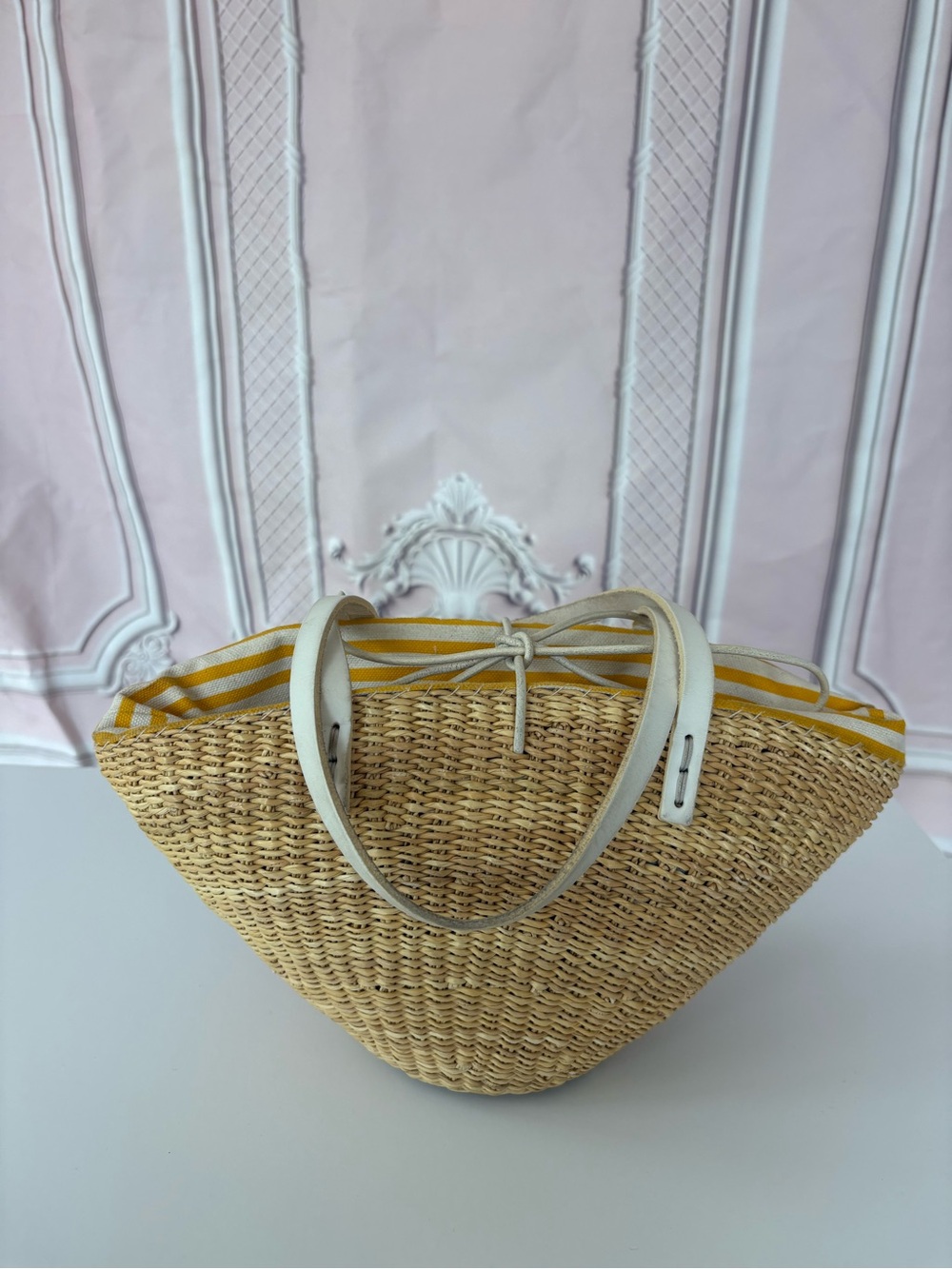 Muun Straw Tote Bag with Yellow Stripe Lining and Cream Handles